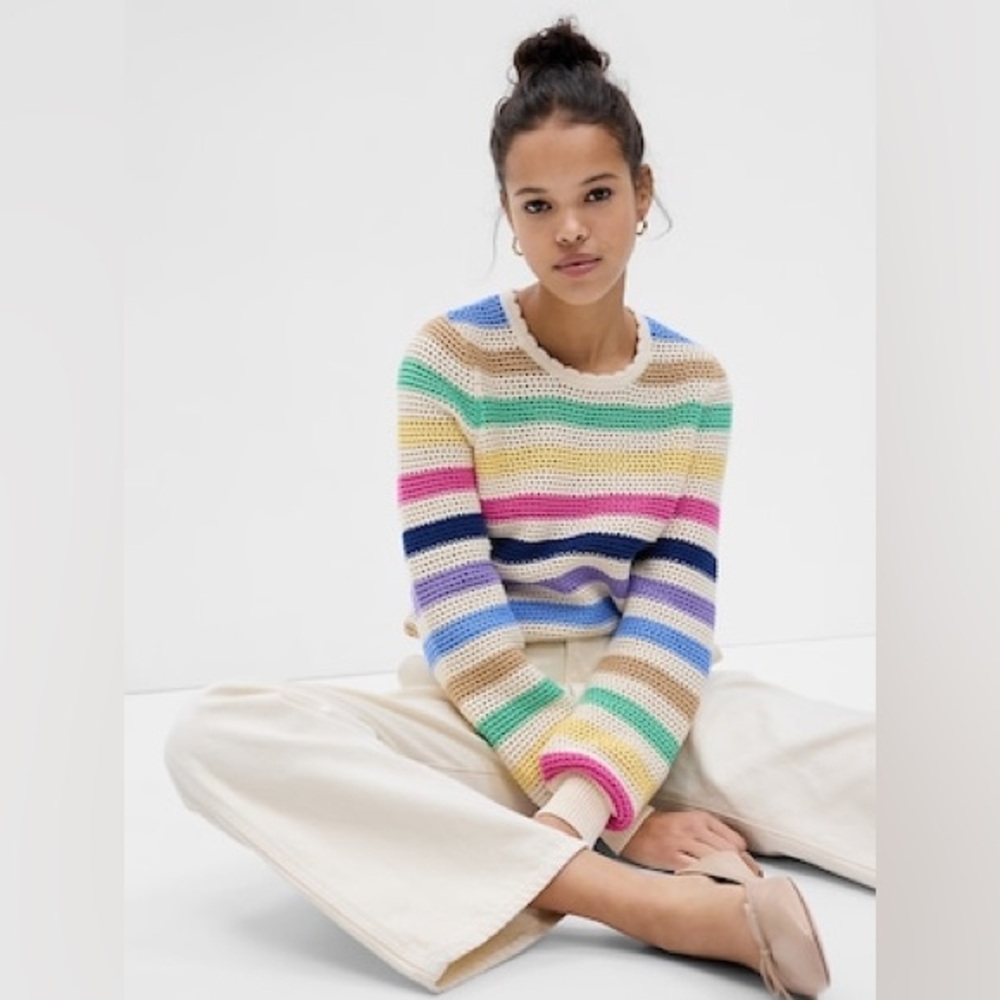 GAP Multicolor Striped Crew Neck Crochet Sweater